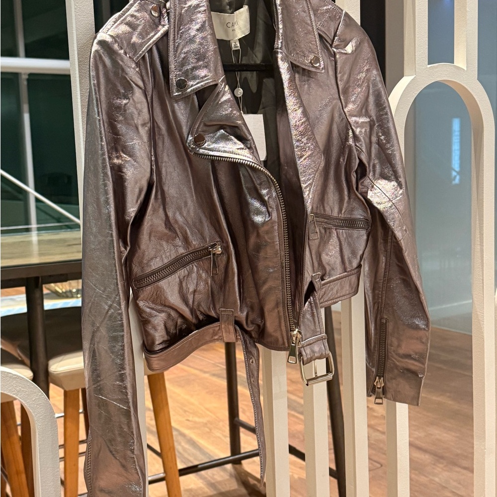 NWT Cami NYC Shimmering Metallic Silver Leather Bomber Moto Jacket Size S - Picture 11 of 11